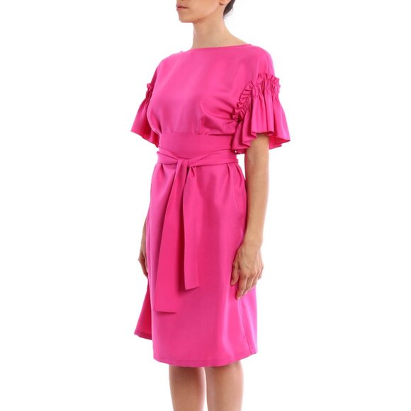 Salvatore Ferragamo Silk Ruffle Dress Boat Neck Sheath Knee Length Girly Femme, - Picture 1 of 14